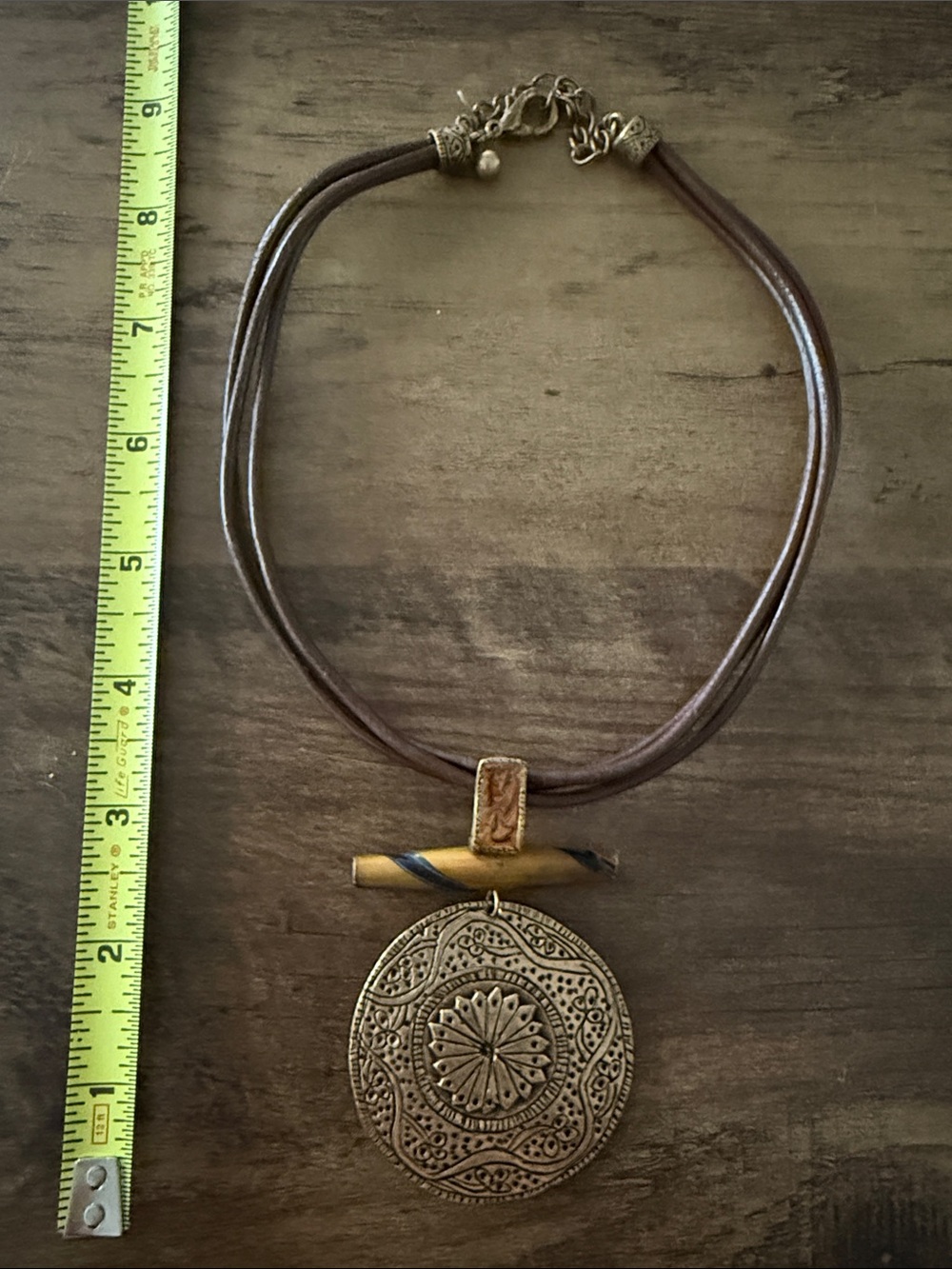 Chico's Brown Multi-Strand Necklace with Antique Gold Medallion